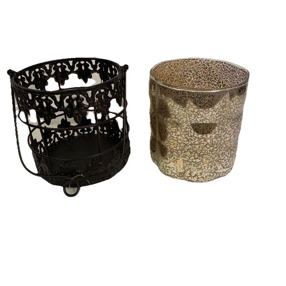 Candle Holder Made With Metal And Speckled Glass Insert. 2 Piece At. 5” X 5.5” - Picture 8 of 8